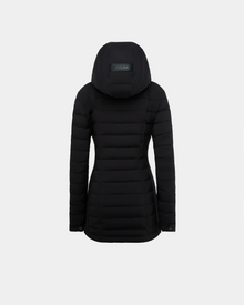 The COSETTE - L124004 Black is a fitted women’s down jacket by Rudsak, featuring a matte black finish and hood with a branded Rudsak patch, shown from the back against a plain light gray background.