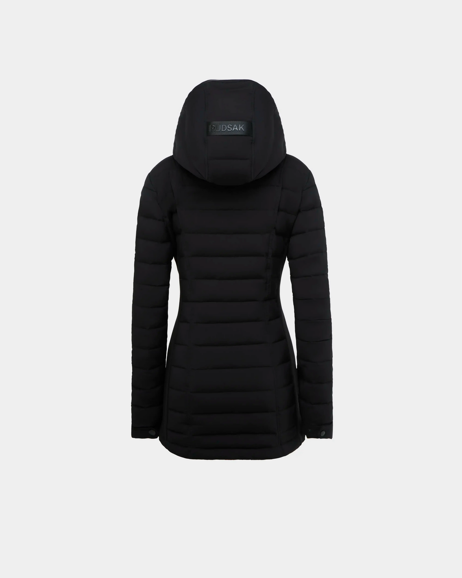 The COSETTE - L124004 Black is a fitted women’s down jacket by Rudsak, featuring a matte black finish and hood with a branded Rudsak patch, shown from the back against a plain light gray background.