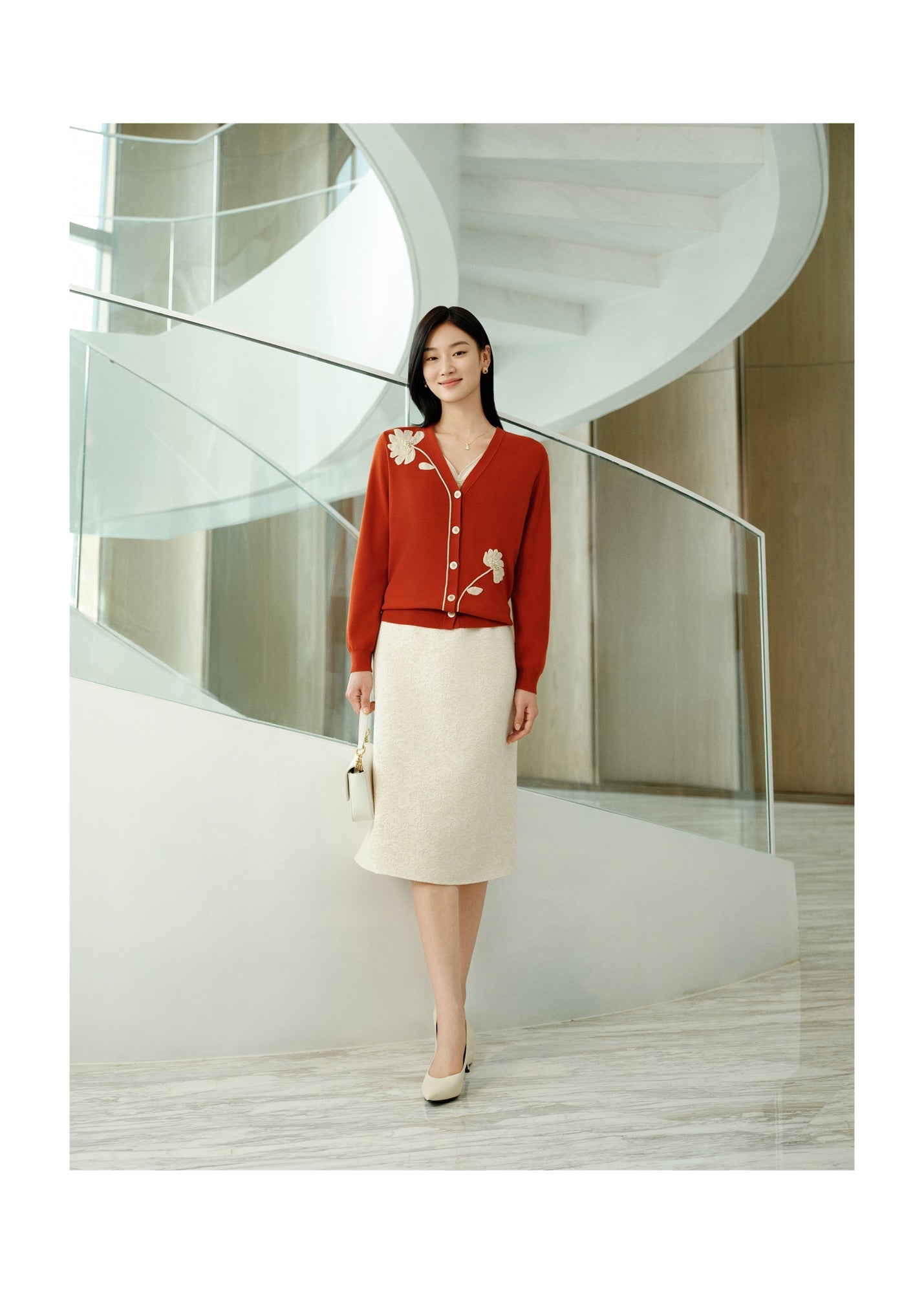 Wool Embroidered Knit Cardigan | Orange