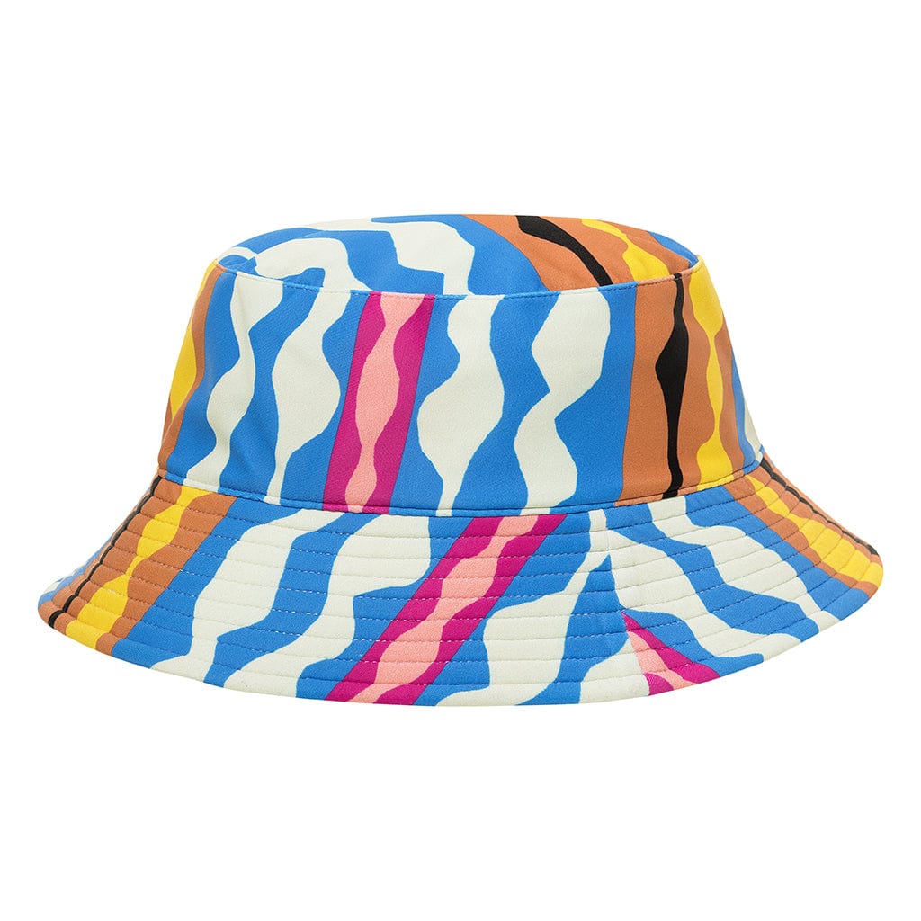 Bucket hat with blue, cream, pink, orange, and yellow wavy stripe pattern throughout.