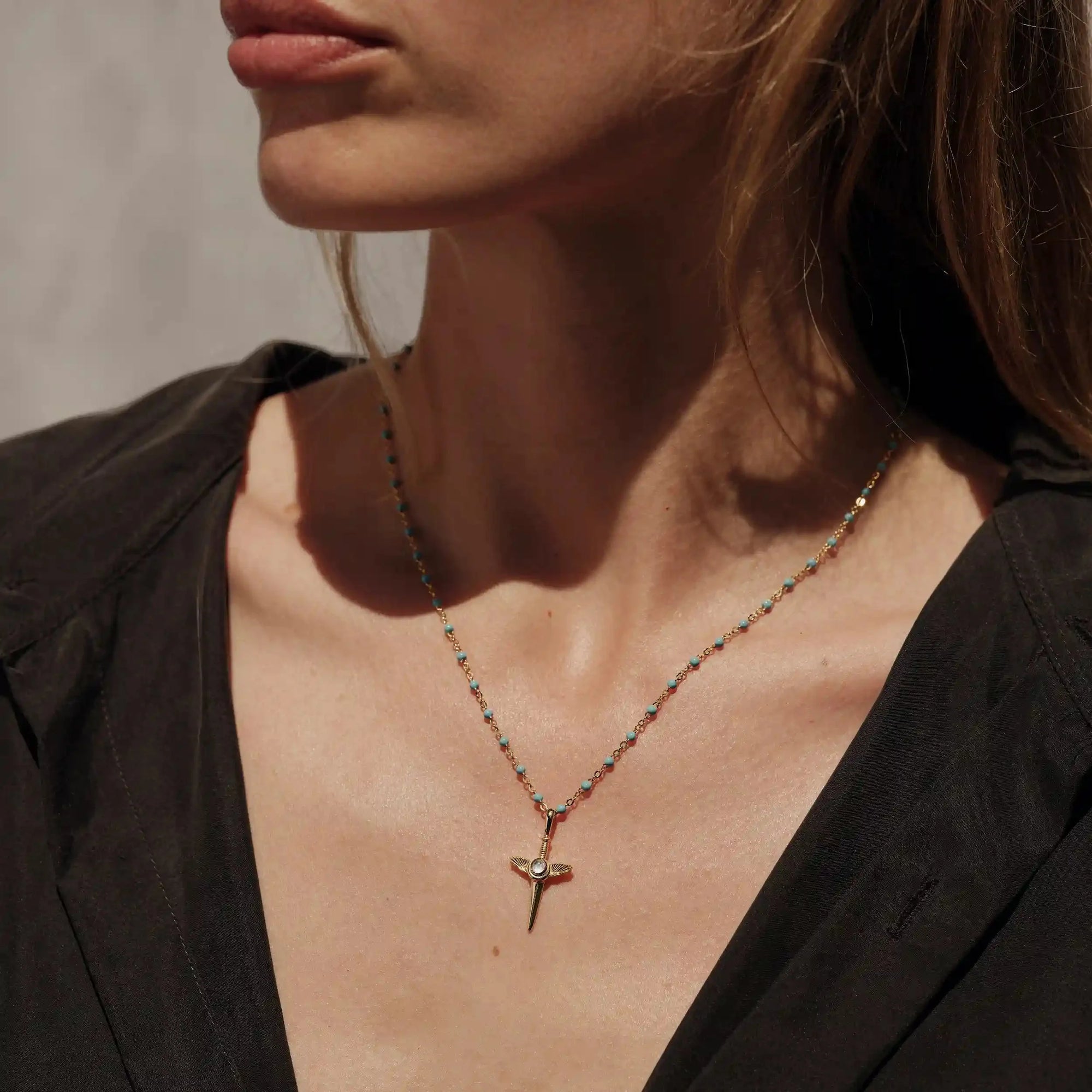 Flying Dagger Turquoise Enamel Necklace | 14K Yellow Gold Vermeil