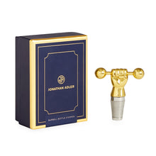 barbell bottle stopper brass with box - angle view