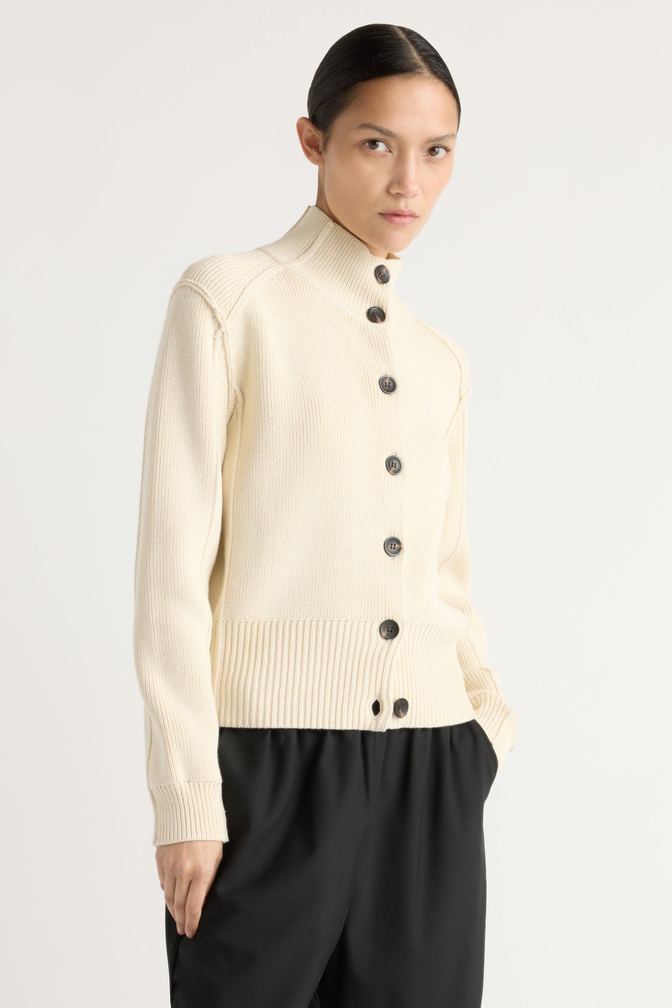 Charlotte | Clove Button Mock-Neck Knit Cardigan in Size Small