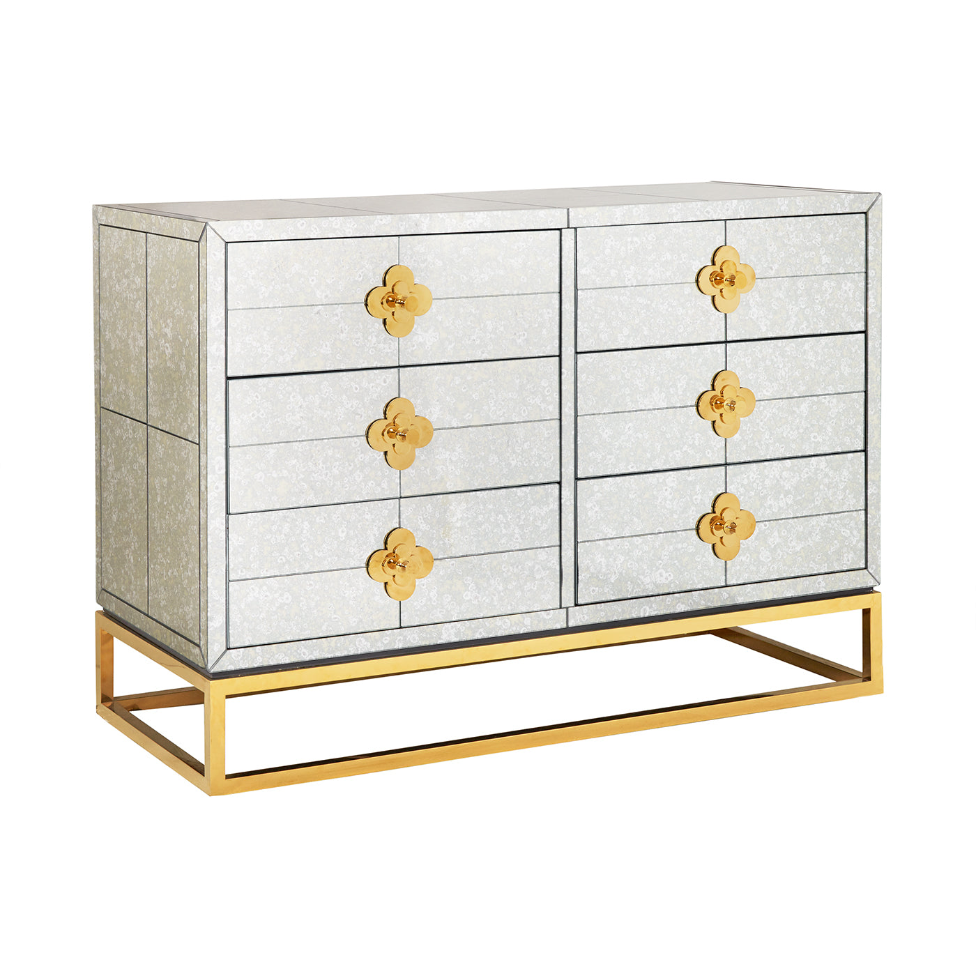 delphine six-drawer dresser antiqued mirror brass base - side view