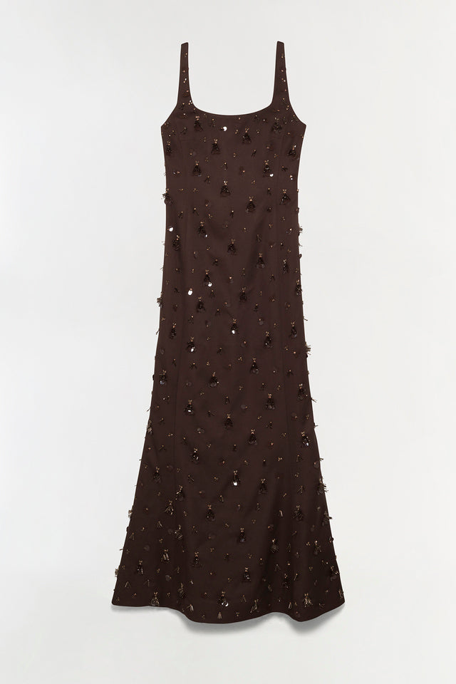 Dark brown sleeveless gown with scattered beaded and sequin embellishments throughout, A-line silhouette.