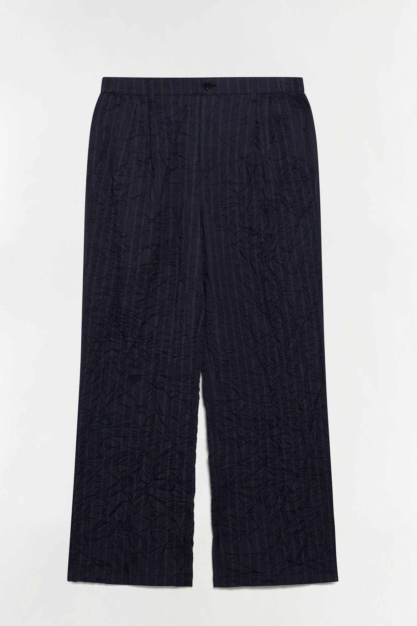Navy pinstriped double pleat pants with elastic waistband and wide-leg silhouette.