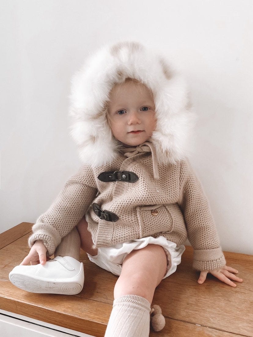 Honeycomb Beige Cashmere Pram Coat with White Print Trim | White