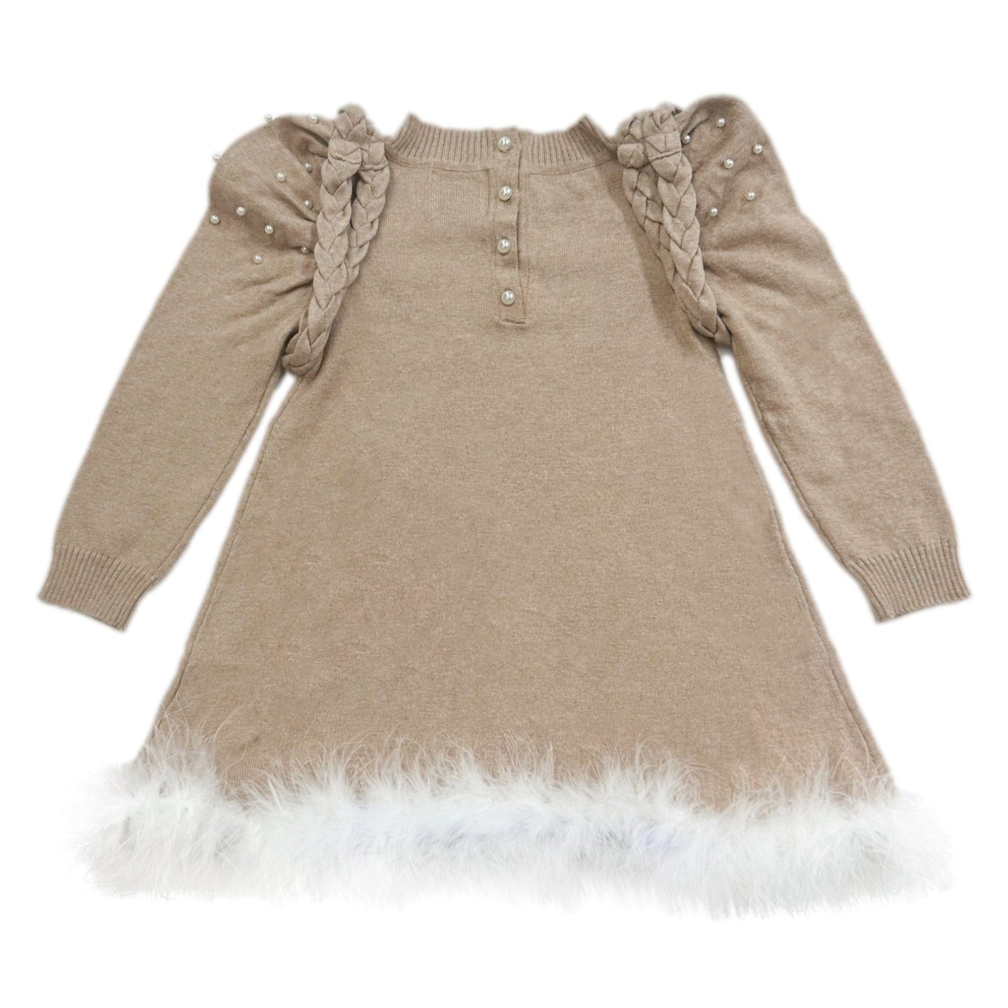 Anna Beige Knit Dress with Feathered Hem | Beige