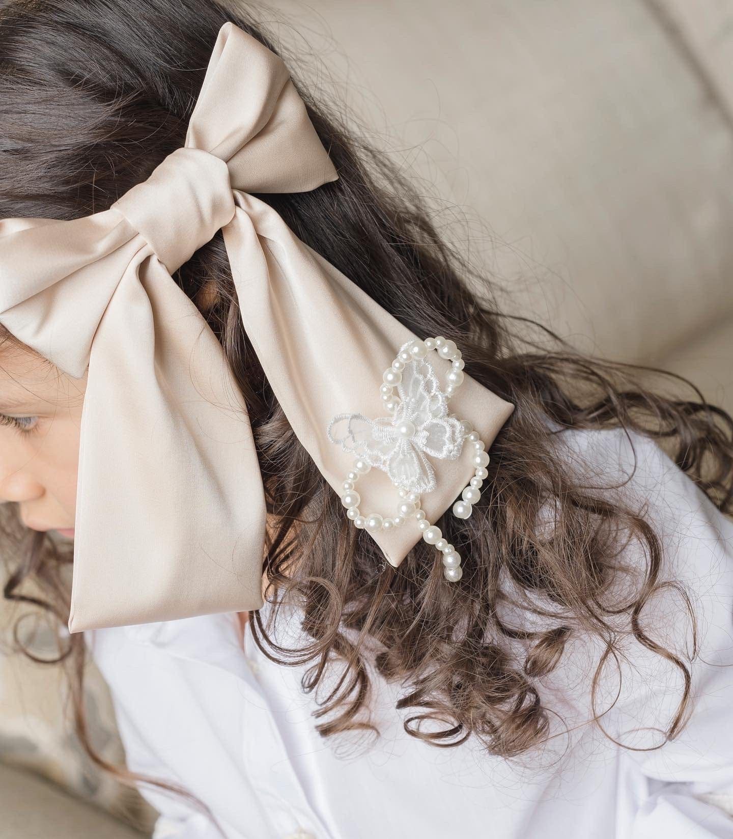 Anise Satin Embroidered Hair Bows  | Champagne