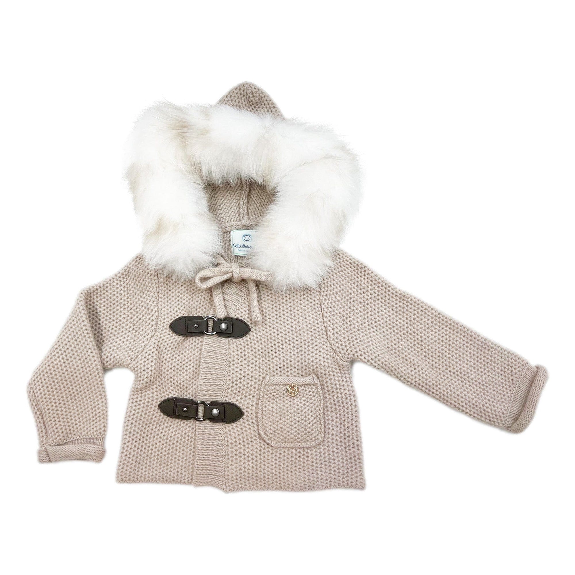 Honeycomb Beige Cashmere Pram Coat with White Print Trim | White