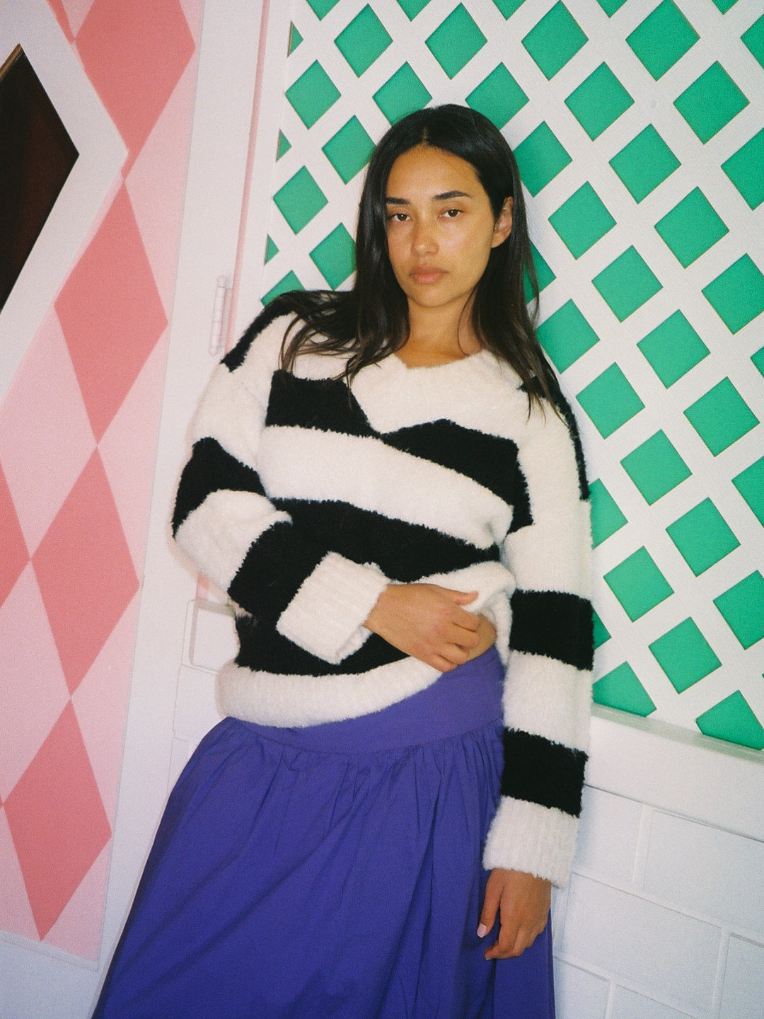 Coby V-Neck Sweater | Black/White Stripes