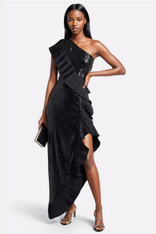 ONE33 SOCIAL | The Mercer Sequin Black Pleated Ruffle Gown | Black