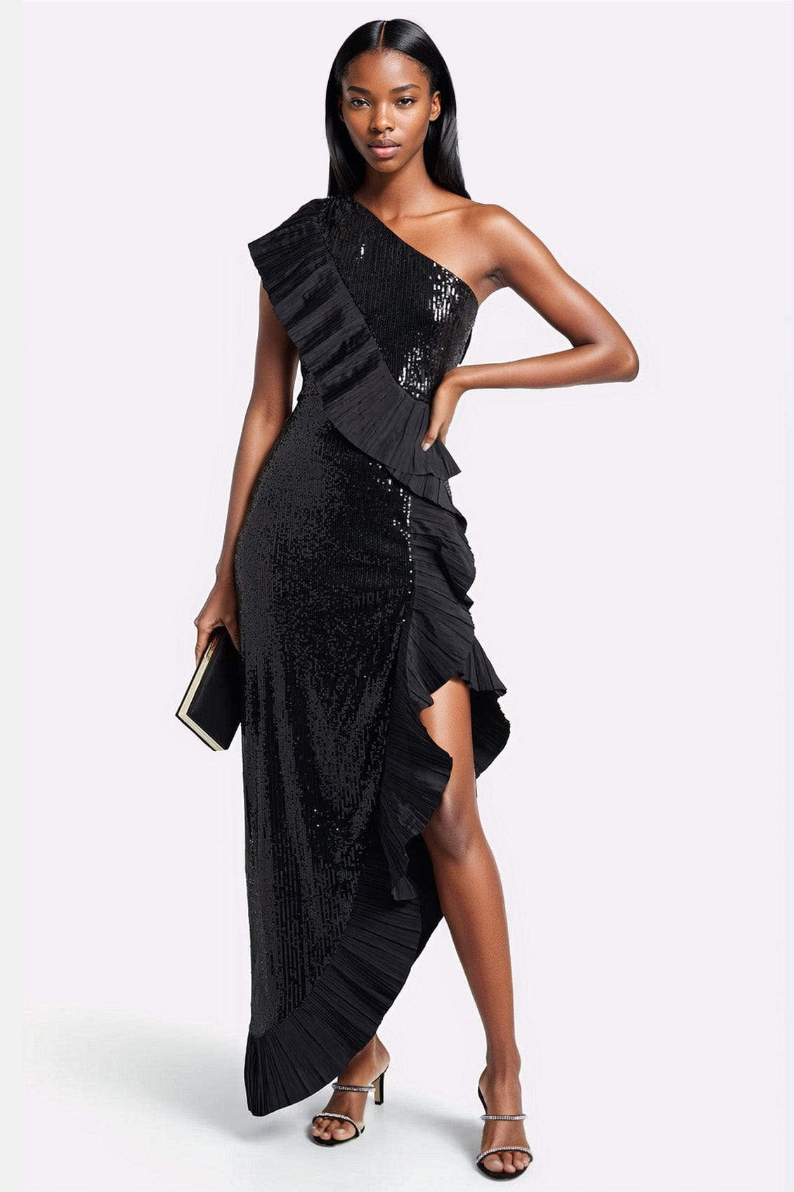 ONE33 SOCIAL | The Mercer Sequin Black Pleated Ruffle Gown | Black
