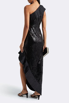 ONE33 SOCIAL | The Mercer Sequin Black Pleated Ruffle Gown | Black