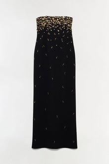 Black strapless gown with gold beaded embellishments concentrated at neckline, scattered down bodice.