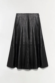 Black leather midi skirt with A-line silhouette and vertical seam details on the front.