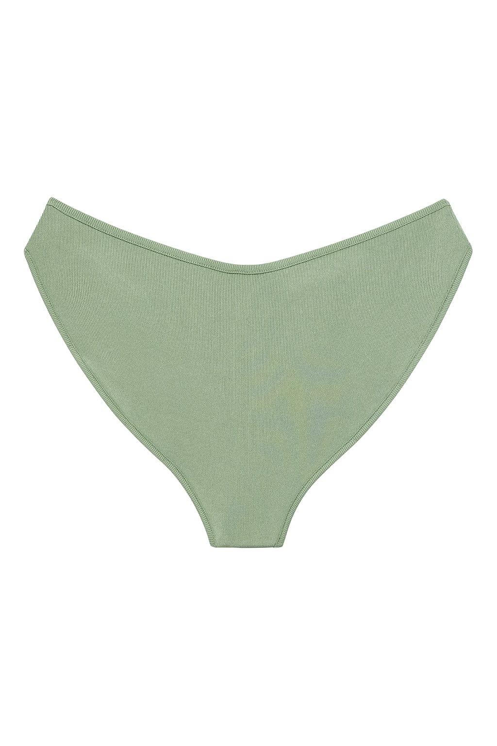 Sage green ribbed bikini bottom with high-waisted cut and full coverage.