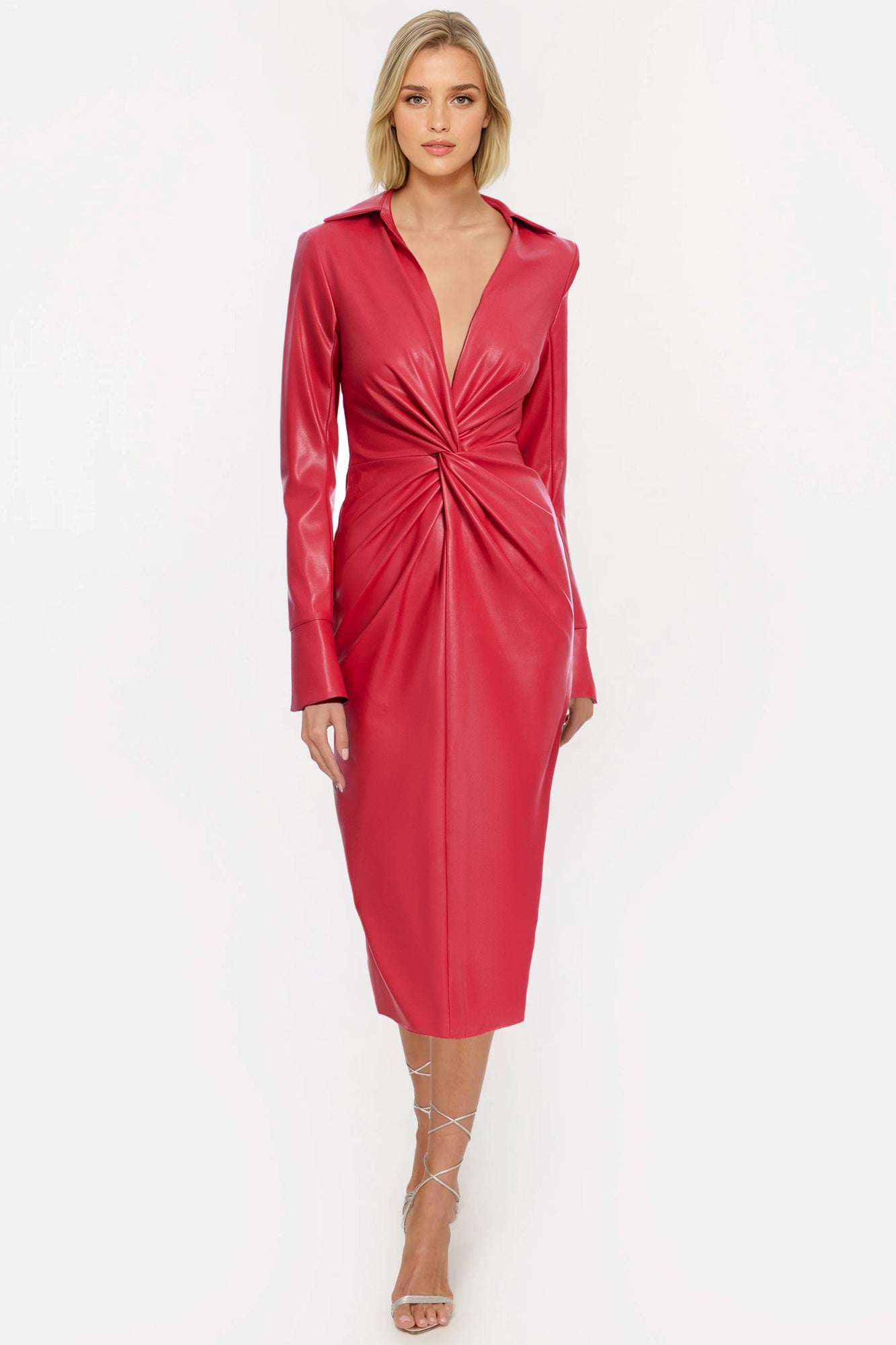 ONE33 SOCIAL | The Mary Strawberry Twist Faux Leather Cocktail Dress | Pink