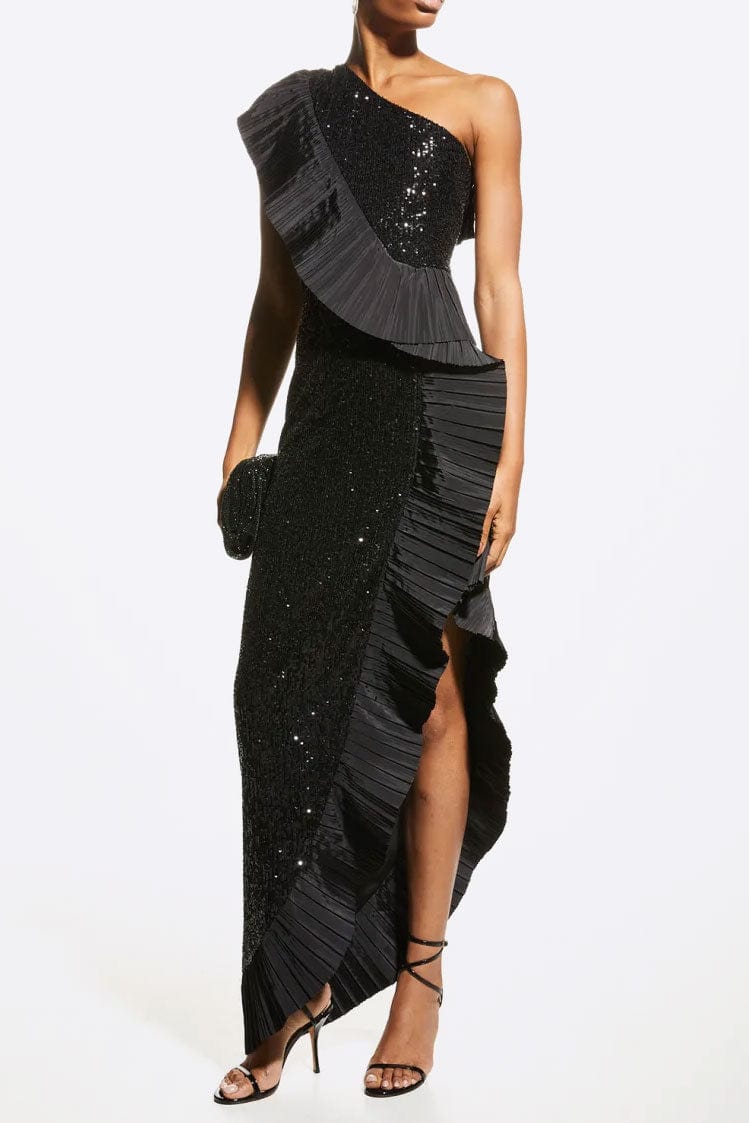 ONE33 SOCIAL | The Mercer Sequin Black Pleated Ruffle Gown | Black