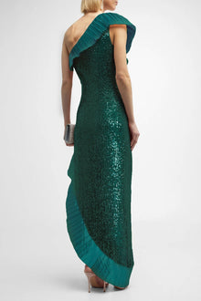 ONE33 SOCIAL | The Mercer Sequin Emerald Pleated Ruffle Gown | Green