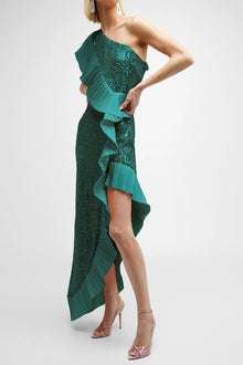 ONE33 SOCIAL | The Mercer Sequin Emerald Pleated Ruffle Gown | Green