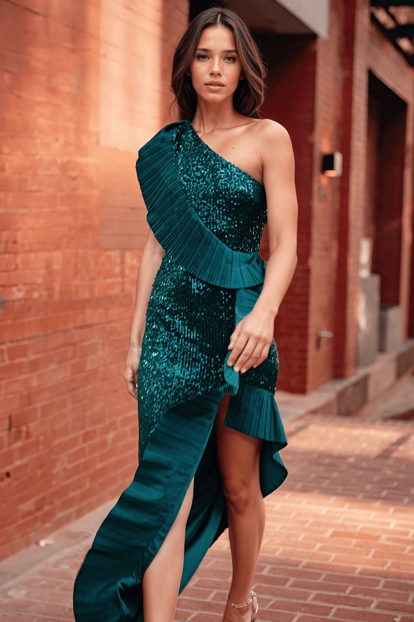 ONE33 SOCIAL | The Mercer Sequin Emerald Pleated Ruffle Gown | Green