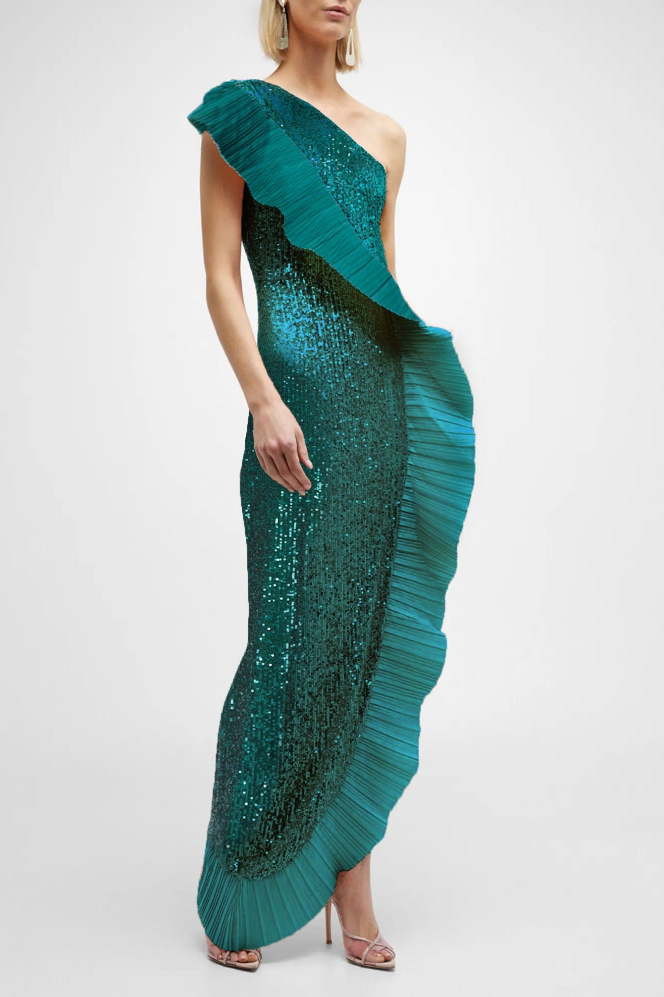 ONE33 SOCIAL | The Mercer Sequin Emerald Pleated Ruffle Gown | Green