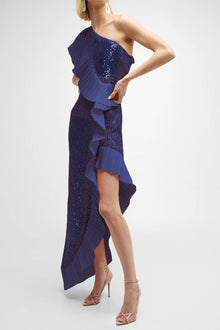 ONE33 SOCIAL | The Mercer Sequin Navy Pleated Ruffle Gown | Blue