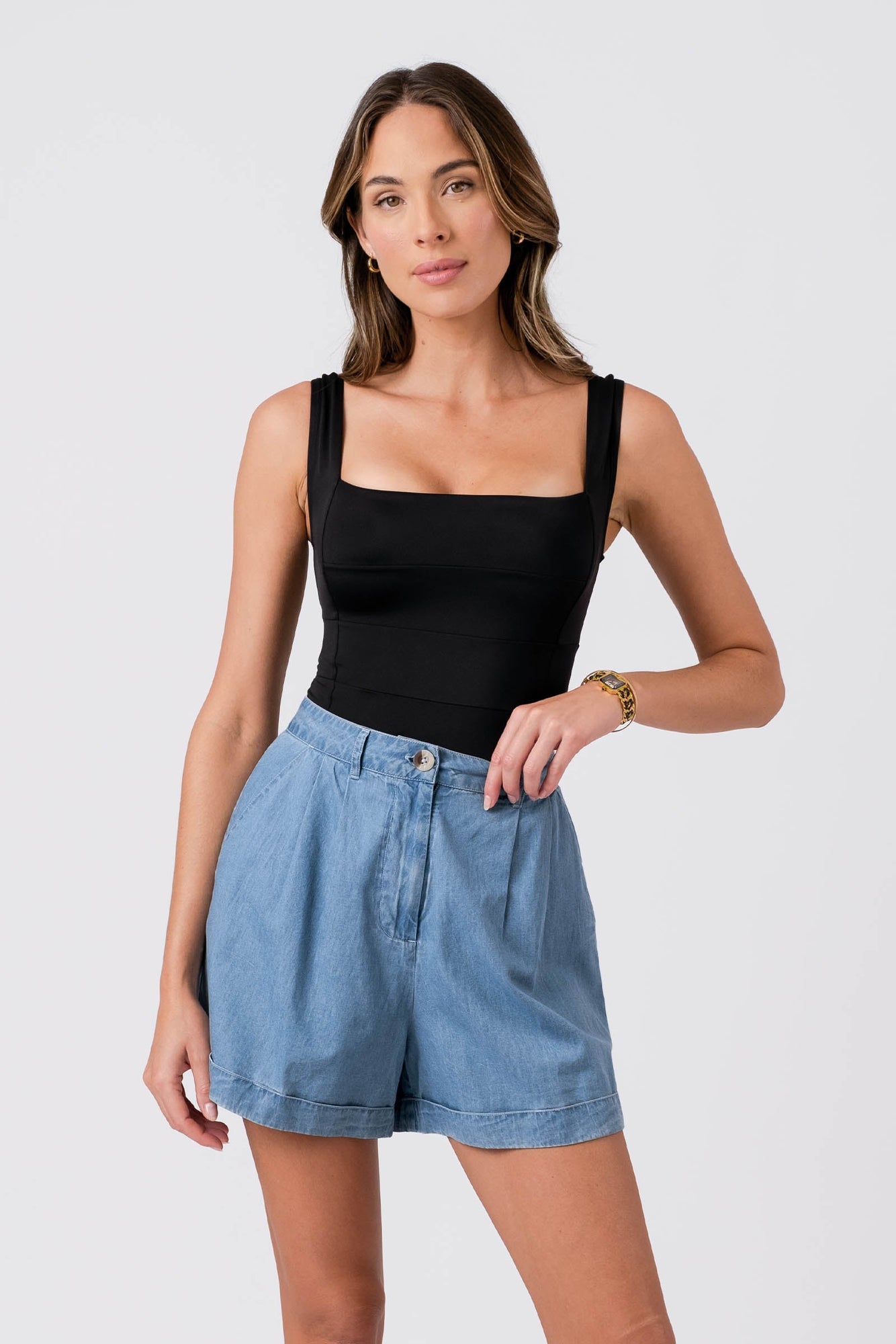 UNE PIECE-Chambray High-Waisted Shorts