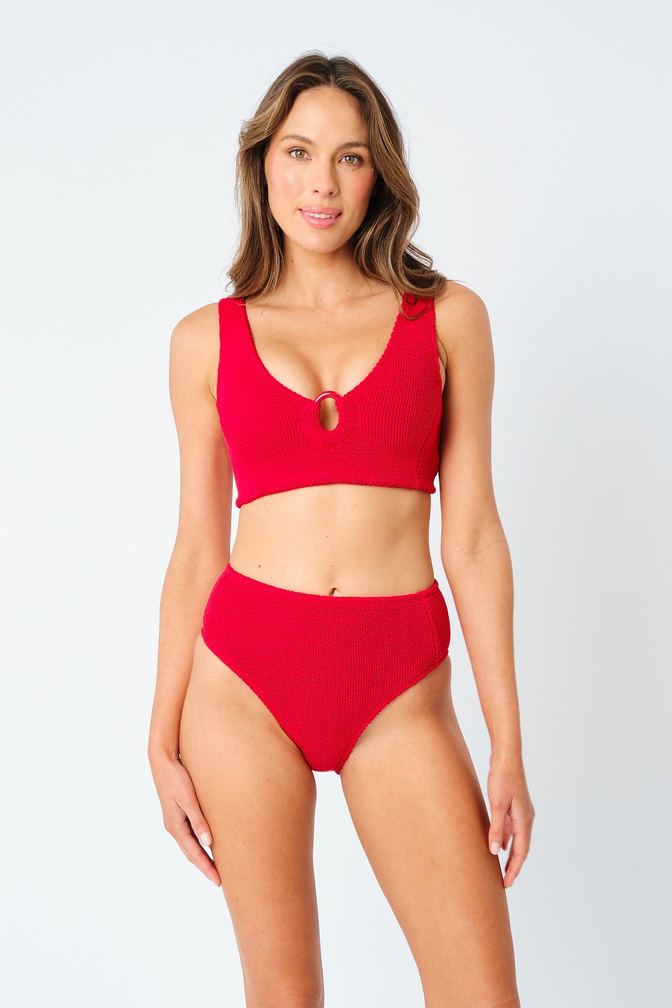 UNE PIECE-Crinkle Cut V-Neck Bikini Bralette with Ring RED