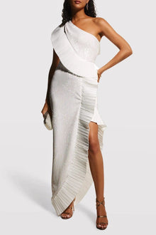 ONE33 SOCIAL | The Mercer Sequin White Pleated Ruffle Gown | White