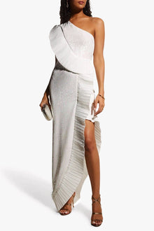 ONE33 SOCIAL | The Mercer Sequin White Pleated Ruffle Gown | White